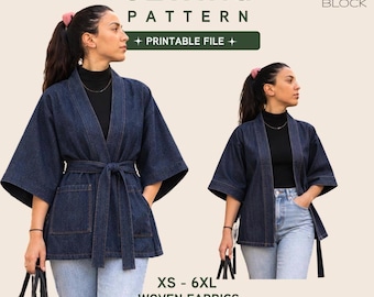 May include: A dark blue denim jacket with wide sleeves, a tie waist, and two front pockets. The text reads SEWING PATTERN, BASIC PATTERN BLOCK, PRINTABLE FILE, XS - 6XL WOVEN FABRICS, and PRINTER & PROJECTOR. The jacket is worn over a black top.