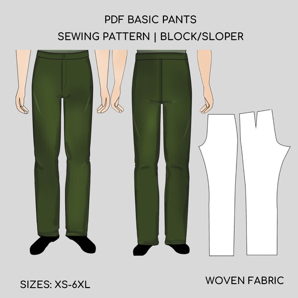 PDF Mens Pants Sewing Pattern Block | Basic  Pdf Straight Trousers | Mens Wear Pattern | Mans Trousers Sewing | Pants Sewing  Sloper/Block