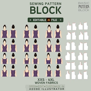 Puede incluir: Un archivo digital de patrón de costura con ilustraciones de varios estilos de corpiño sobre figuras y contornos técnicos blancos. El texto incluye SEWING PATTERN BLOCK, EDITABLE Ai FILE, BASIC PATTERN BLOCK y XXS - 6XL WOVEN FABRICS.