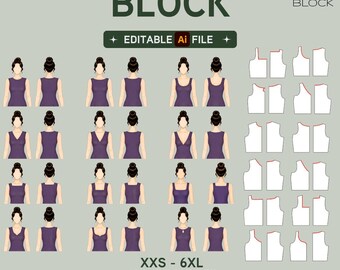 May include: A digital sewing pattern block set featuring various neckline styles on purple tank tops, shown from front and back views. Includes white technical pattern outlines, text reading SEWING PATTERN BLOCK, EDITABLE Ai FILE, and XXS - 6XL WOVEN FABRICS.