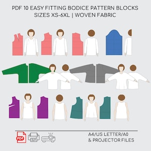 Puede incluir: Bloques de patrones PDF para hacer corpiños en tallas XS-6XL. La imagen muestra 10 patrones de corpiños diferentes en varios colores, incluyendo blanco, rojo, verde, gris, azul y morado. El texto "PDF 10 EASY FITTING BODICE PATTERN BLOCKS SIZES XS-6XL | WOVEN FABRIC" está en la parte superior de la imagen. El texto "A4/US LETTER/A0 & PROJECTOR FILES" está en la parte inferior de la imagen.