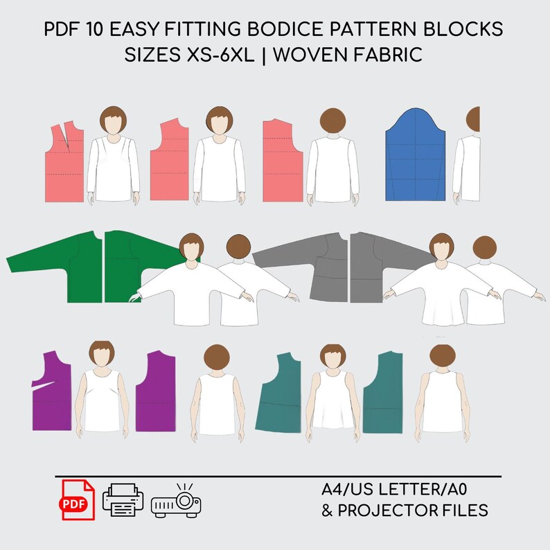 Bodice Sewing Pattern Blocks • Kimono, Batwing, Dartless (PDF Download ...