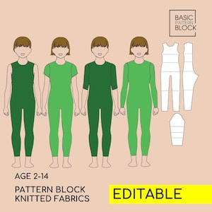 Children&#39;s Seamless Bodysuit Sewing Pattern Blocks •  Knit Leotard (PDF Download) • Age 02-14