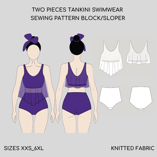 TANKINI  two-piece set | Pdf Sewing Pattern Block, Swimwear, Bathing Suit, Pregnancy pattern, Swimsuit | Regular and Plus size
