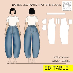 May include: An illustration of a barrel leg pants pattern block. The image shows a front and back view of the pants, along with pattern pieces. The pants are light blue denim, and the model is wearing a white t-shirt. Text on the image includes "BARREL LEG PANTS | PATTERN BLOCK", "SIZES XXS-6XL", and "EDITABLE".
