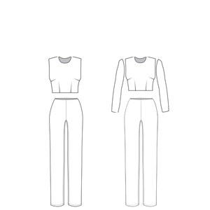 May include: A technical fashion illustration labeled BASIC PATTERN BLOCK and basicpatternblock.com. It displays two sets of clothing outlines: a sleeveless crop top with trousers, and a long-sleeved crop top with trousers, all in black lines.