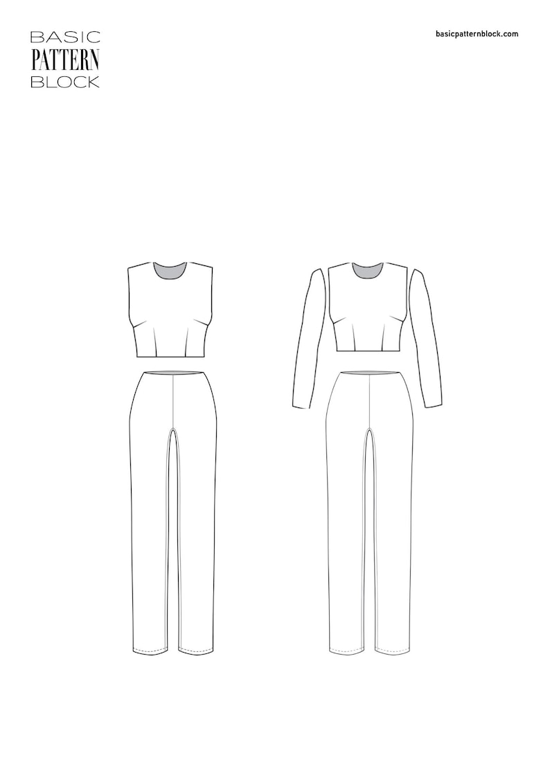May include: A technical fashion illustration labeled BASIC PATTERN BLOCK and basicpatternblock.com. It displays two sets of clothing outlines: a sleeveless crop top with trousers, and a long-sleeved crop top with trousers, all in black lines.