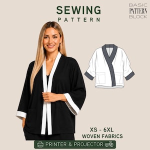 Op de afbeelding: Een naaipatroon voor een jasje met de tekst SEWING PATTERN, BASIC PATTERN BLOCK en XS - 6XL WOVEN FABRICS. De afbeelding toont een zwart jasje met witte randen bij de kraag en mouwen, naast een witte lijntekening van het ontwerp.