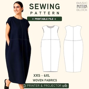 Könnte beinhalten: Ein Schnittmuster für ein ärmelloses Kleid mit Rundhalsausschnitt und Seitentaschen. Das Bild zeigt den Text SEWING PATTERN, BASIC PATTERN BLOCK, PRINTABLE FILE, XXS - 6XL, WOVEN FABRICS und PRINTER & PROJECTOR neben einer technischen Skizze.