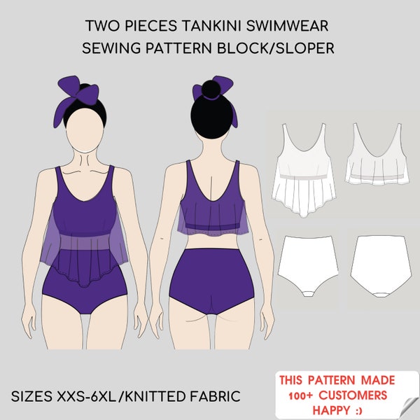 TANKINI  two-piece set | Pdf Sewing Pattern Block, Swimwear, Bathing Suit, Pregnancy pattern, Swimsuit | Regular and Plus size