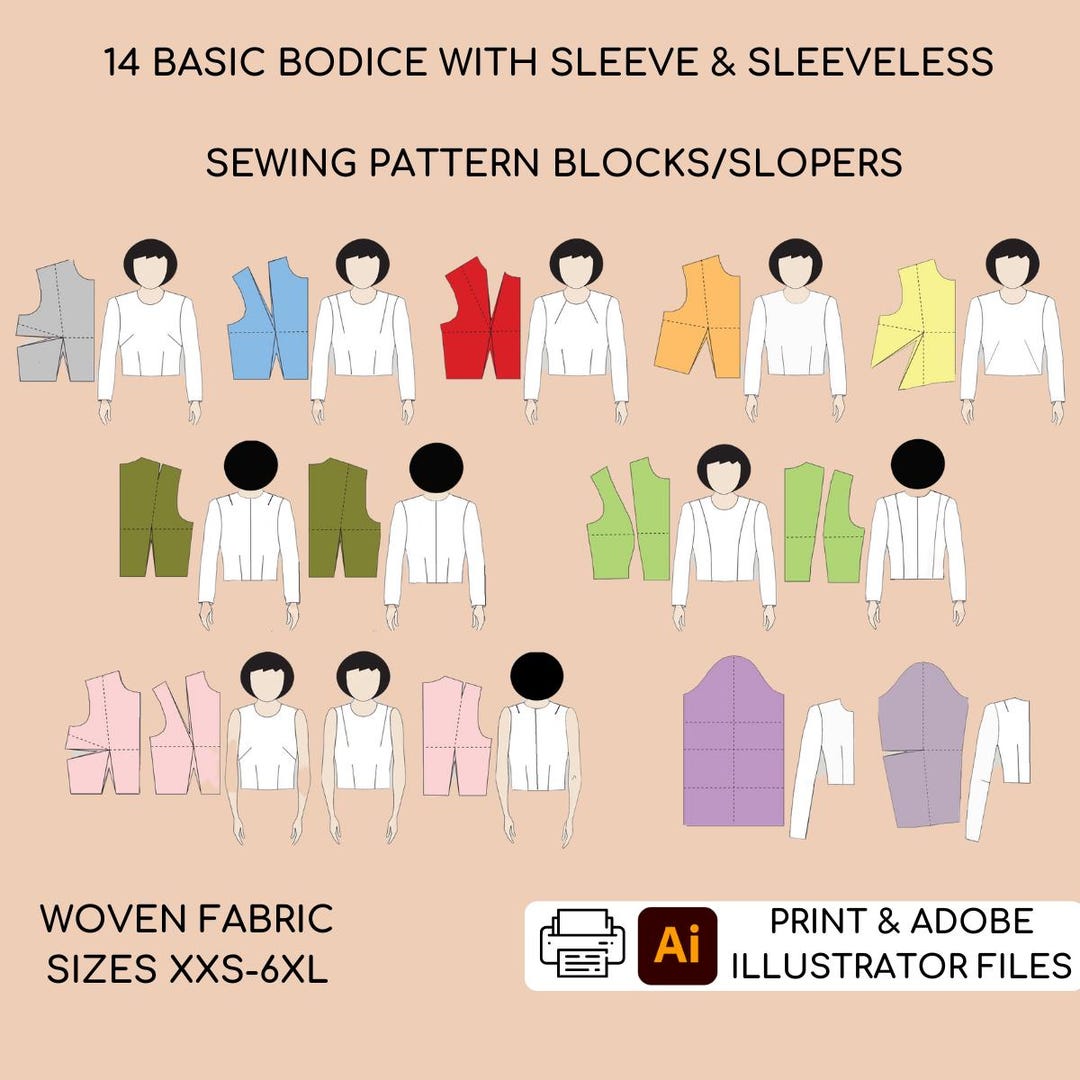 14 Basic Bodice Sewing Pattern Blocks • Sleeves, Princess Seam Sizes ...