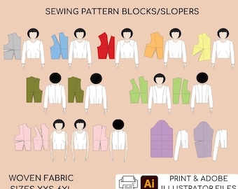 14 blocs de patrons de couture de corsage de base • Manches, tailles de couture princesse XXS_6XL, téléchargement pdf