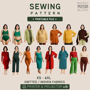 Puede incluir: Un patrón de costura digital para tejidos de punto y planos, disponible en tallas de XS a 6XL. La imagen muestra catorce estilos de prendas diferentes, incluyendo tops, vestidos, cárdigans, sudaderas con capucha y pantalones, como archivo imprimible.
