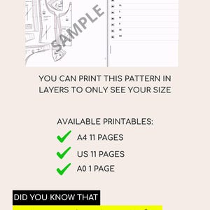 May include: A digital sewing pattern display showing pattern pieces and a layers menu. Text reads: YOU CAN PRINT THIS PATTERN IN LAYERS TO ONLY SEE YOUR SIZE. AVAILABLE PRINTABLES: A4 11 PAGES, US 11 PAGES, A0 1 PAGE. DID YOU KNOW THAT by printing in A0 you skip assembling?