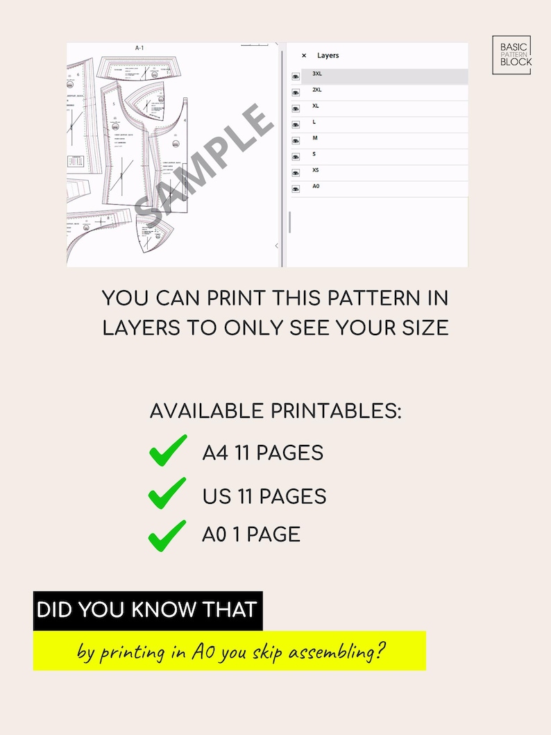 May include: A digital sewing pattern display showing pattern pieces and a layers menu. Text reads: YOU CAN PRINT THIS PATTERN IN LAYERS TO ONLY SEE YOUR SIZE. AVAILABLE PRINTABLES: A4 11 PAGES, US 11 PAGES, A0 1 PAGE. DID YOU KNOW THAT by printing in A0 you skip assembling?