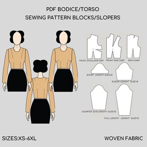 Corpiño básico/Torso Pdf Patrón de costura Sloper/Bloque / Bloque básico con mangas, Tallas XS- 6XL