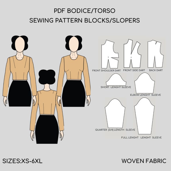 Basic Bodice/Torso Pdf Sewing Pattern Sloper/Block | Basic Block with Sleeves, Sizes XS- 6XL
