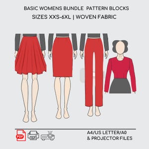 PDF Woven Basic Sewing Block, Pattern Set, Basic Bodice with sleeves, Basic Skirt, Pants, Circle Skirt, Basic dress block, Plus size Bodice