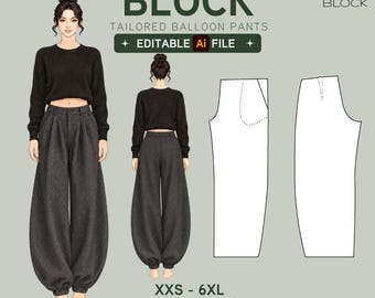 Editable Tailored Balloon Pants Sewing Pattern Block (PDF, Illustrator)
