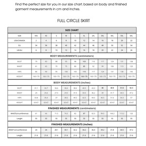 以下が含まれることがあります： フルサークルスカートのサイズチャートで、XXSから6XLまでのさまざまなサイズについて、インチとセンチメートルで測定値を示しています。チャートには、ボディと完成した衣料品の両方について、バスト、ウエスト、ヒップ、身長の測定値が含まれています。
