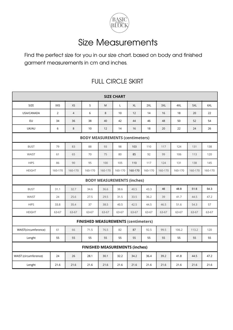 以下が含まれることがあります： フルサークルスカートのサイズチャートで、XXSから6XLまでのさまざまなサイズについて、インチとセンチメートルで測定値を示しています。チャートには、ボディと完成した衣料品の両方について、バスト、ウエスト、ヒップ、身長の測定値が含まれています。