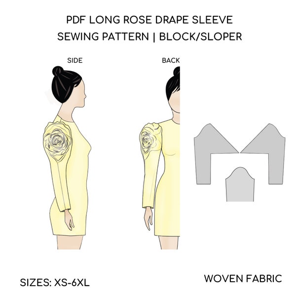 PDF Long Rose Drape Sleeve | Sewing Pattern Block | Easy Sleeve Sewing Pattern | Long  Sleeve Pattern | Top Puff Sleeve Sewing | XXS-6XL