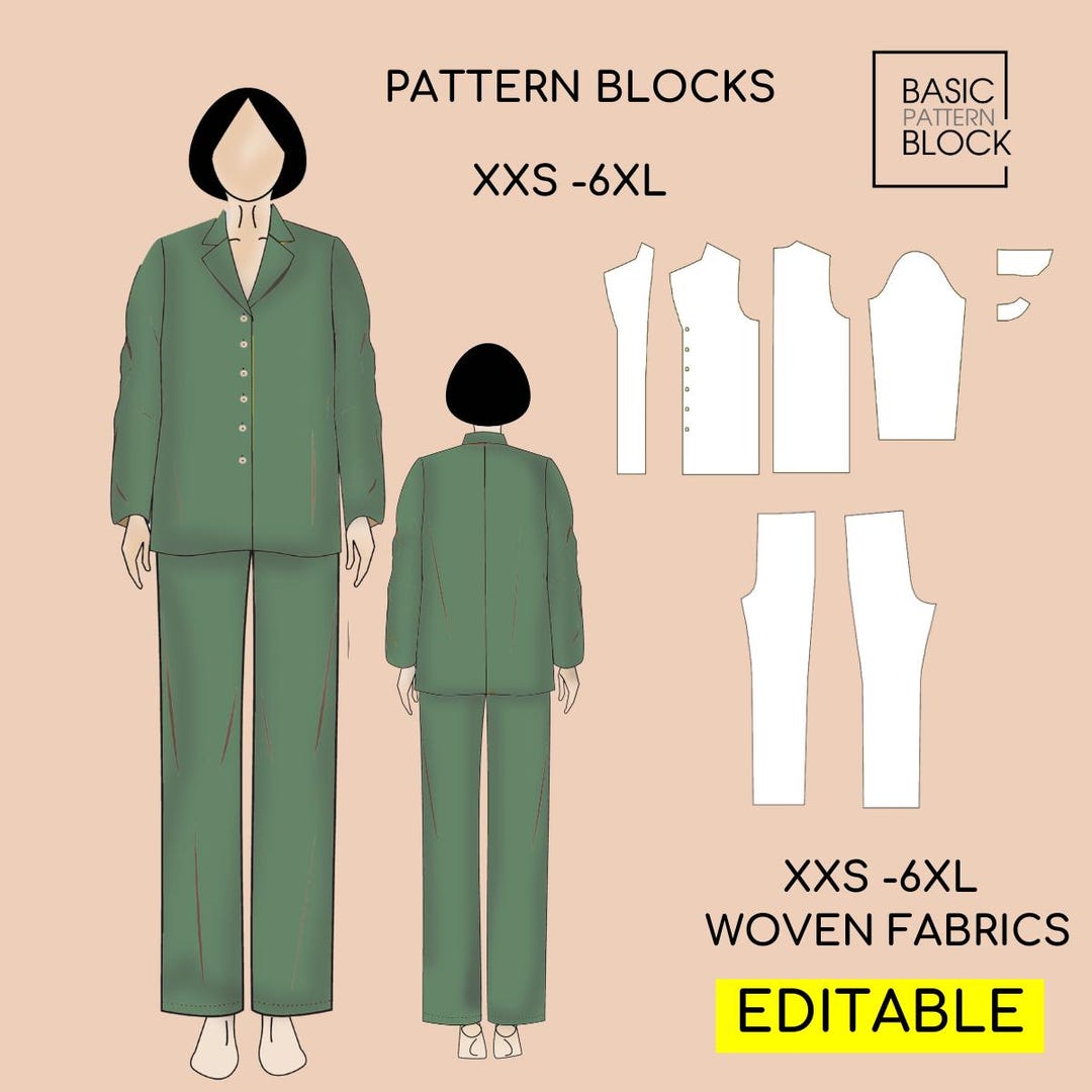 Pajama Style Set Sewing Pattern Blocks • Shirt, Pants • (XXS-6XL ...