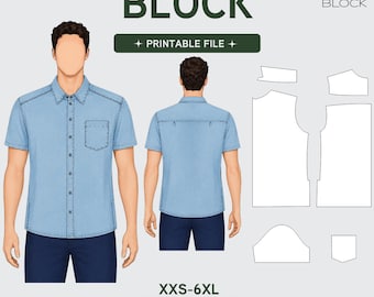 PDF | Oversized Men's Shirt Sewing Pattern Block | Button-Up Short Sleeve | XXS-6XL