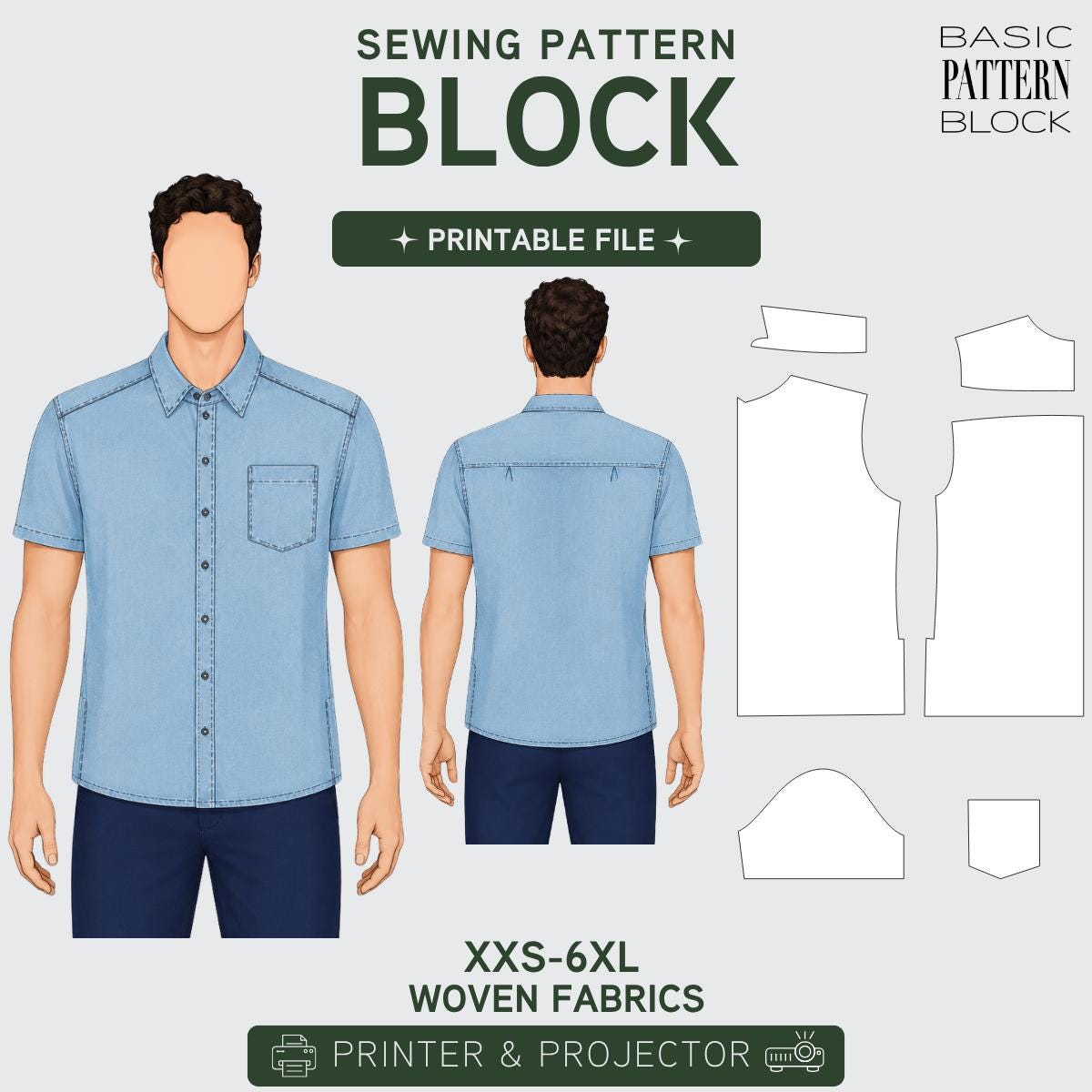 PDF | Oversized Men's Shirt Sewing Pattern Block | Button-up Short