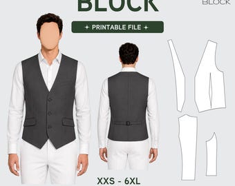 PDF | Men's Vest Sewing Pattern Block | Waistcoat | Front Button Closure | XXS-6XL
