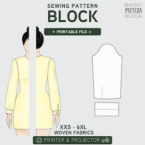 May include: A digital sewing pattern block for woven fabrics in sizes XXS to 6XL. The graphic displays a yellow dress illustration, a sleeve pattern piece, and a cuff piece. Text includes SEWING PATTERN BLOCK, PRINTABLE FILE, and PRINTER & PROJECTOR.