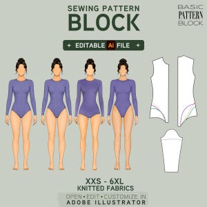 May include: A digital sewing pattern block for knitted fabrics, available in sizes XXS-6XL. The image shows four illustrations of a bodysuit in a lavender color, along with pattern pieces. The text includes "SEWING PATTERN BLOCK" and "EDITABLE AI FILE."