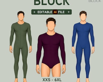 May include: A digital sewing pattern block featuring three illustrations of figures wearing long-sleeved garments in olive green, dark purple, and blue. Text includes SEWING PATTERN BLOCK, EDITABLE Ai FILE, XXS - 6XL KNITTED FABRICS, and OPEN EDIT CUSTOMIZE IN ADOBE ILLUSTRATOR.