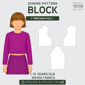 Könnte beinhalten: Ein Schnittmusterblock für Webstoffe, mit einer stilisierten Illustration eines Kindes in einem magenta Outfit. Das Bild enthält Schnittmusterteile und den Text "SEWING PATTERN BLOCK" und "PRINTABLE FILE". Das Muster ist für Kinder im Alter von 1-12 Jahren.