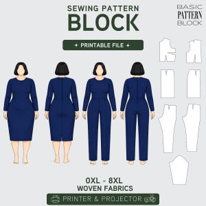 Op de afbeelding: Een grafiek van een naaipatroon met de tekst "SEWING PATTERN BLOCK" en "BASIC PATTERN BLOCK". De afbeelding toont illustraties van een jurk en een broekpak in marineblauw, samen met patroondelen. De tekst "PRINTABLE FILE" en "OXL - 8XL WOVEN FABRICS" zijn ook opgenomen.