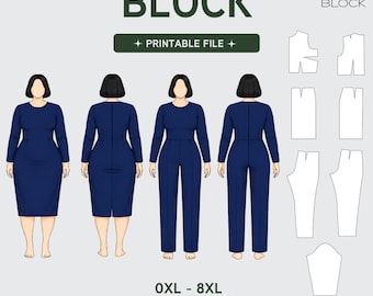 PDF | Plus Size Sewing Pattern Block Bundle | Bodice Skirt Pants Sleeve | 0X-8X