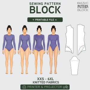 May include: A sewing pattern block graphic with the text "SEWING PATTERN BLOCK" in green and white. The image includes four illustrations of a purple bodysuit and pattern pieces. Text at the bottom reads "XXS - 6XL KNITTED FABRICS".