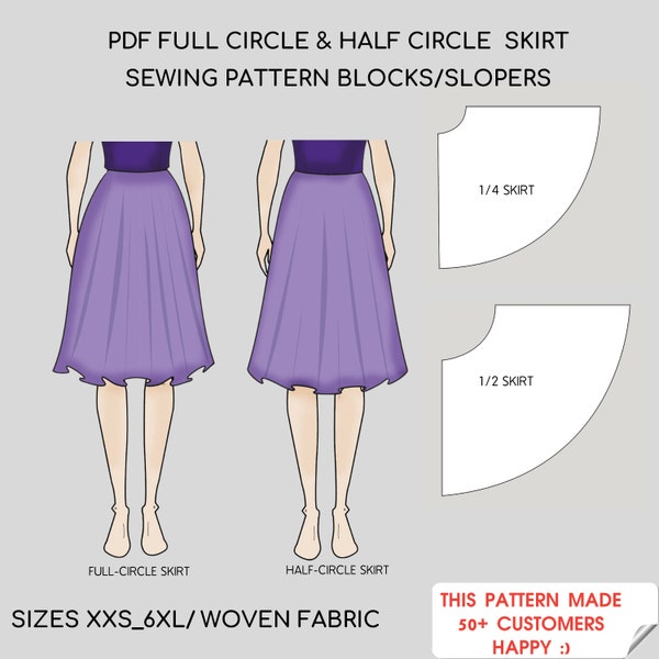 PDF Full Circle Skirt Sewing Pattern Block & Half Circle Skirt Sewing  Pattern Blocks | Sizes XXS-6XL