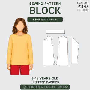 Op de afbeelding: Een digitaal naaipatroon voor kinderen van 6-16 jaar, met een geel shirt met lange mouwen en een rode korte broek. De afbeelding bevat technische lijntekeningen van patroondelen, met de tekst SEWING PATTERN BLOCK, PRINTABLE FILE en PRINTER & PROJECTOR.