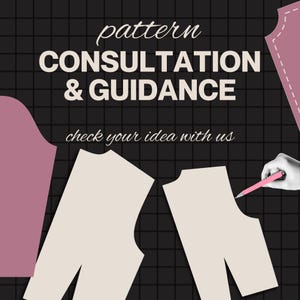Peut inclure: Graphique carré avec le texte « pattern CONSULTATION & GUIDANCE » et « check your idea with us ». Le fond est noir avec un motif quadrillé. Il y a des illustrations de patrons de couture et une main esquissant avec un crayon rose.