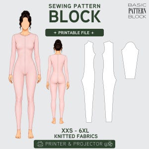 Könnte beinhalten: Grafik eines Schnittmusterblocks mit dem Text "SEWING PATTERN BLOCK" und "+ PRINTABLE FILE +". Das Bild enthält Illustrationen eines Ganzkörperkleidungsstücks in Vorder- und Rückansicht sowie Schnittmusterteile. Der Text "XXS - 6XL KNITTED FABRICS" ist ebenfalls vorhanden.