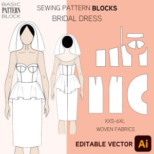 Bloco de padrões de costura para vestido de noiva com espartilho • Corpete • Tamanhos: XS-3XL • Padrão em PDF