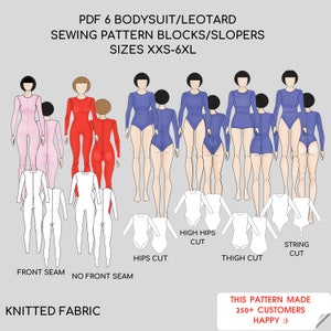 6 Styles Bodysuit Leotard Set PDF Sewing Pattern, 4 Leg Cut Bodysuit Sewing Pattern, Women catsuit Pattern, No front seam leotard, catsuit