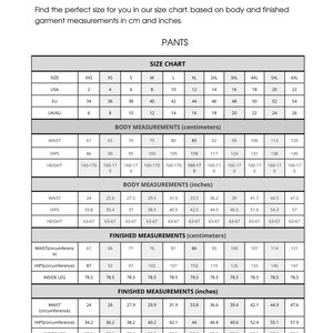 以下が含まれることがあります： インチとセンチメートルで測定されたパンツのサイズチャート。チャートには、XXSから6XLまでのサイズが含まれており、体のサイズと完成した衣服の両方のウエスト、ヒップ、身長の測定値がリストされています。