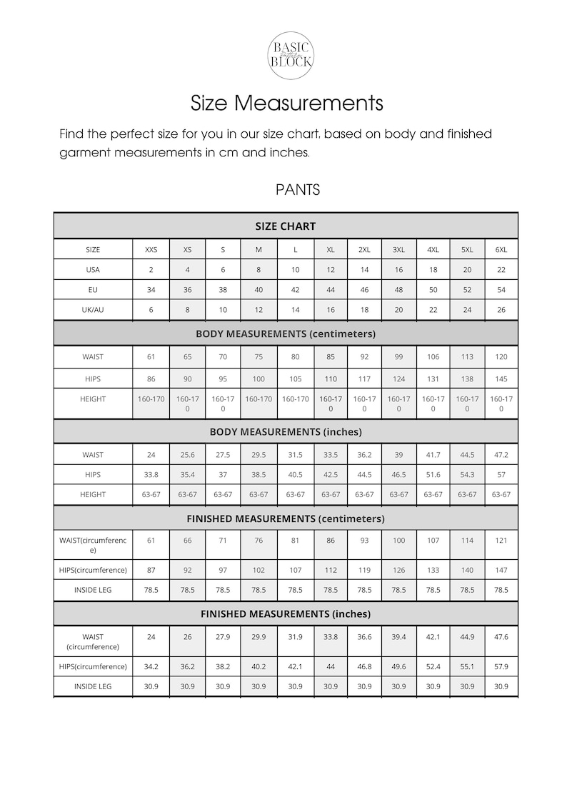 以下が含まれることがあります： インチとセンチメートルで測定されたパンツのサイズチャート。チャートには、XXSから6XLまでのサイズが含まれており、体のサイズと完成した衣服の両方のウエスト、ヒップ、身長の測定値がリストされています。