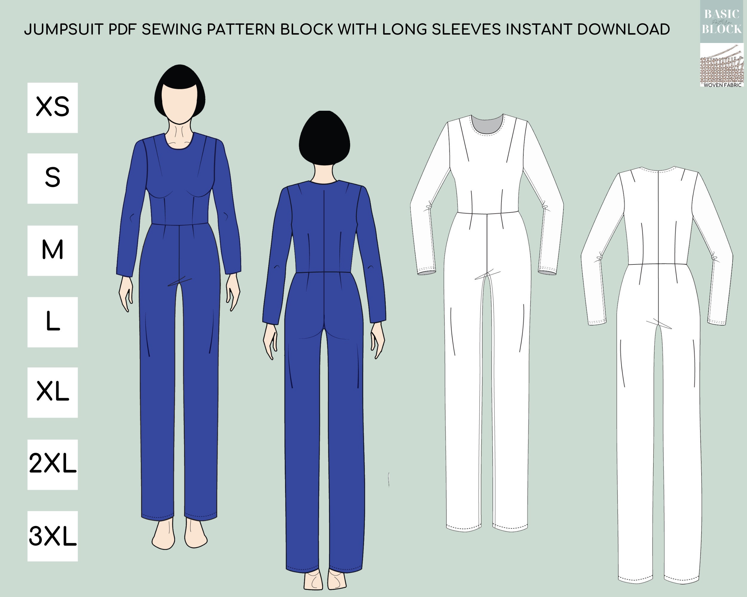 Jumpsuit pdf sewing pattern block with long sleeves Instant | Etsy