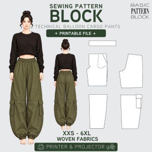Op de afbeelding: Een digitaal naaipatroon voor technische ballon-cargobroeken, met de tekst SEWING PATTERN BLOCK, TECHNICAL BALLOON CARGO PANTS, PRINTABLE FILE, XXS - 6XL WOVEN FABRICS, PRINTER & PROJECTOR en BASIC PATTERN BLOCK.