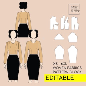 Basic Bodice/Torso Pdf Sewing Pattern Sloper/Block PRINT & EDIT | Basic Block with Sleeves, Basic Womens Sloper| Dress pattern Sizes XS- 6XL