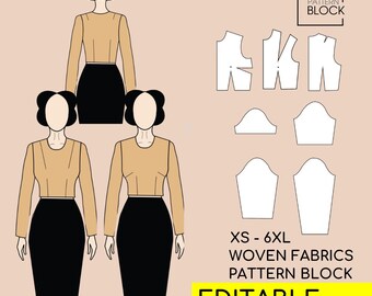 Bloc de patrons de couture de corsage pour femmes au format PDF • Sloper avec manches • Tailles XS-6XL
