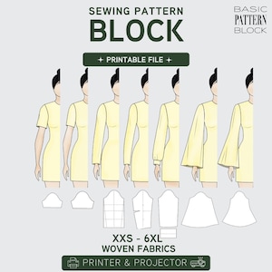 May include: A sewing pattern block for a dress with various sleeve styles, including short, long, and flared options. The graphic displays the text SEWING PATTERN BLOCK, PRINTABLE FILE, XXS - 6XL WOVEN FABRICS, and PRINTER & PROJECTOR with illustrations.
